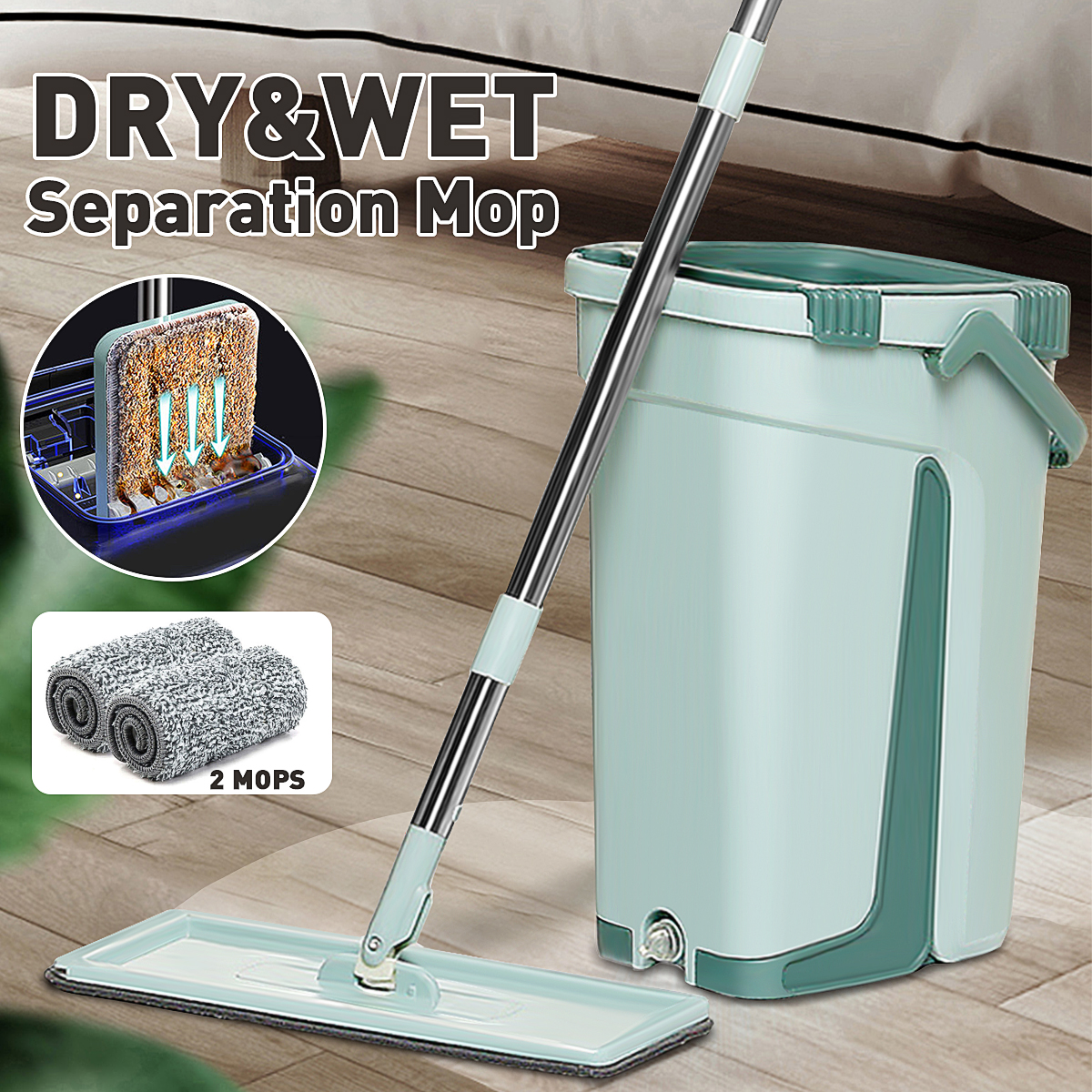 Microfiber Pads US Self Cleaning Drying Wringing Mop Bucket System Flat Floor